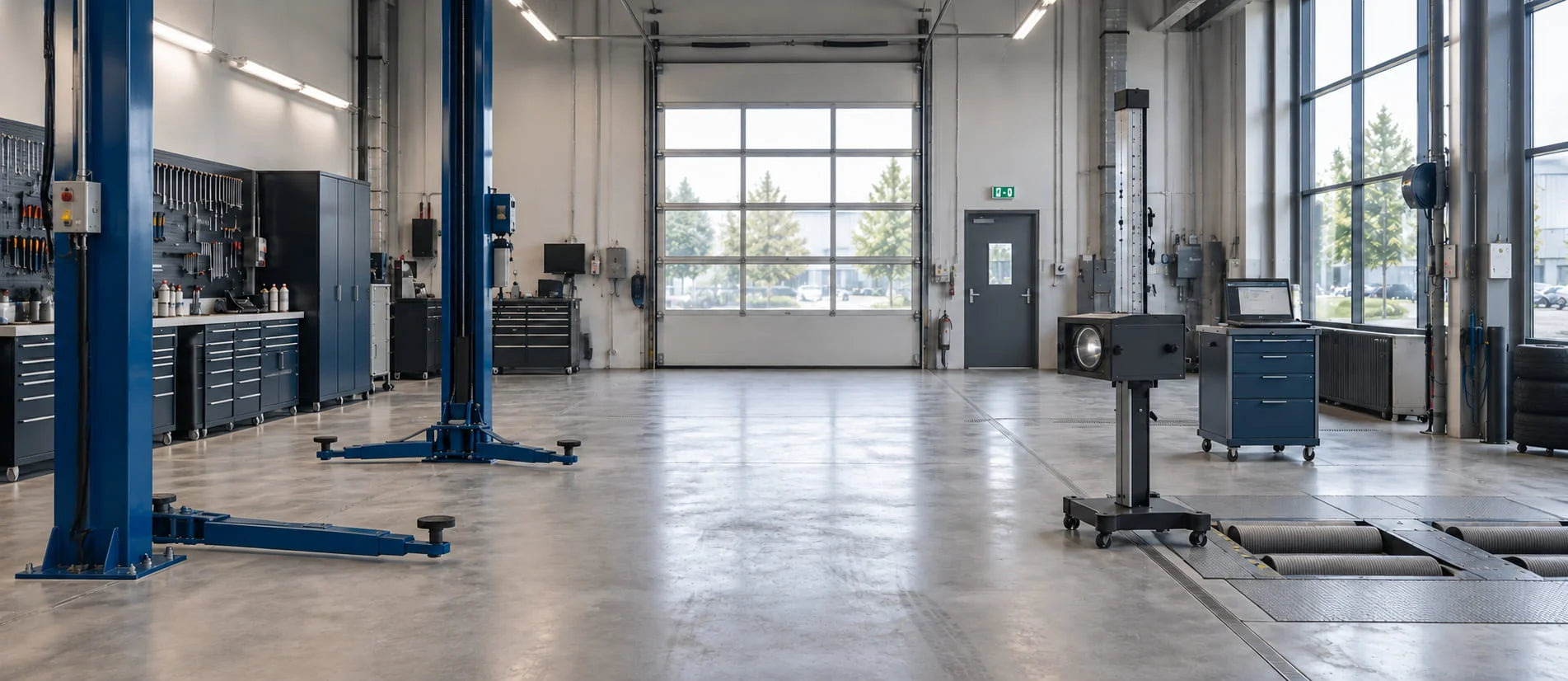 Werkstatthalle mit Hebebühne, Scheinwerfereinstellgerät und Bremsenprüfstand